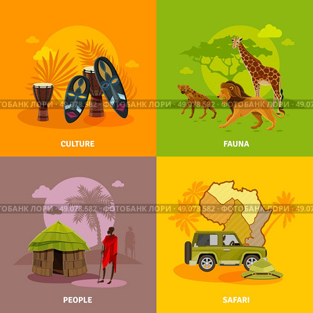  Africa Concept Icons Set. Africa concept icons set with culture fauna and people symbols cartoon isolated vector illustration . Стоковая иллюстрация, агентство Ingram Publishing / Фотобанк Лори
