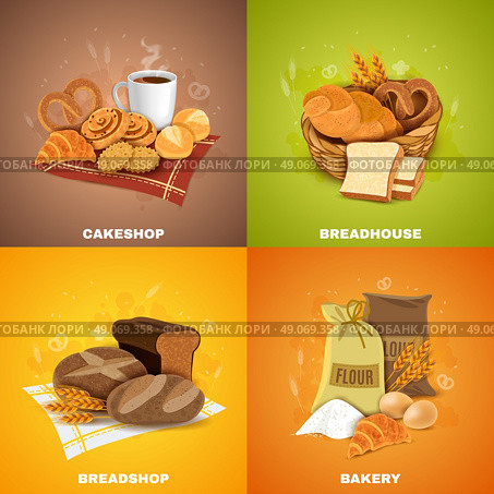  Bakery Breadshop 4 Flat Icons Square. Bakery shop for best quality bread and pastry 4 flat icons square composition banner abstract vector illustration. Стоковая иллюстрация, агентство Ingram Publishing / Фотобанк Лори