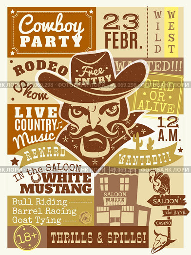  Cowboy Poster Illustration .  Cowboy poster with saloon and wanted dead or alive symbols flat vector illustration . Стоковая иллюстрация, агентство Ingram Publishing / Фотобанк Лори