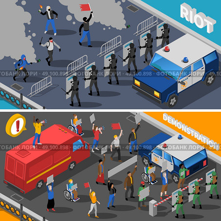  Demonstration Protest Riot 2 Isometric Banners . Civil unrest street riots with molotov cocktail and peaceful demonstration 2 isometric banners abstract isolated vector illustration . Стоковая иллюстрация, агентство Ingram Publishing / Фотобанк Лори