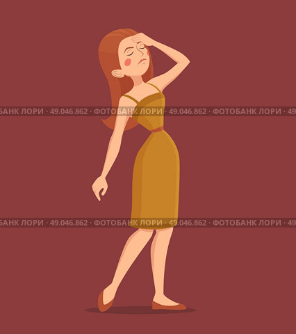  Fatigue Woman Illustration . Fatigue red-haired woman wearing dress and shoes cartoon vector illustration . Стоковая иллюстрация, агентство Ingram Publishing / Фотобанк Лори