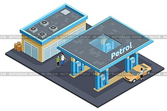  Gas Station Complex Isometric Image Poster. Gas petrol motorway filling service station to refuel recharge rest eat and drink isometric poster abstract vector illustration   . Стоковая иллюстрация, агентство Ingram Publishing / Фотобанк Лори