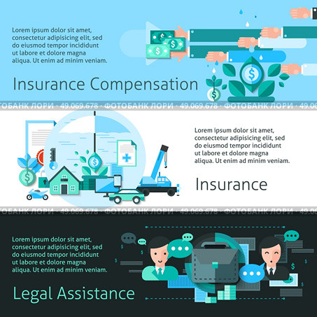  Insurance And Risk Banners Set. Insurance and risk horizontal banners set with compensation symbols flat isolated vector illustration . Стоковая иллюстрация, агентство Ingram Publishing / Фотобанк Лори