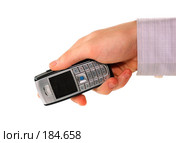 Мужская рука с телефоном на белом фоне. Hand  isolated on a white background. Стоковое фото, фотограф Катыкин Сергей / Фотобанк Лори