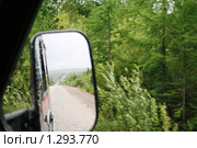 Дорога, отраженная в зеркале заднего вида на фоне леса. Стоковое фото, фотограф Алена Потапова / Фотобанк Лори