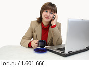 Девушка за ноутбуком пьёт кофе и разговаривает по телефону. Стоковое фото, фотограф Alechandro / Фотобанк Лори