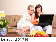Две подруги сидят на диване с ноутбуком. Стоковое фото, фотограф Vdovina Elena / Фотобанк Лори