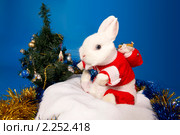 Белый кролик  в новогоднем костюме. Стоковое фото, фотограф Ирина Кожемякина / Фотобанк Лори