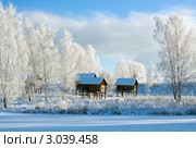 Зимний пейзаж с деревянными домиками на сваях. Стоковое фото, фотограф ElenArt / Фотобанк Лори