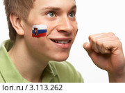 Портрет радостного болельщика с нарисованным словацким флагом на щеках. Стоковое фото, фотограф Monkey Business Images / Фотобанк Лори