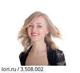 Портерт улыбающейся блондинки на белом фоне. Стоковое фото, фотограф Argument / Фотобанк Лори