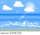 Синее море, уходящее в горизонт, с облаками и песчаным дном. Стоковая иллюстрация, иллюстратор Виталий / Фотобанк Лори