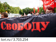 Участники митинга стоит перед сценой на митинге "В поддержку узников 6 мая" в Новопушкинском сквере, город Москва (2012 год). Редакционное фото, фотограф Николай Винокуров / Фотобанк Лори