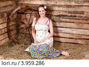 Улыбающаяся беременная женщина на сене. Стоковое фото, фотограф Охотникова Екатерина *Фототуристы* / Фотобанк Лори