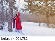 Красная шапочка в зимнем лесу возле дерева. Стоковое фото, фотограф Арестов Андрей Павлович / Фотобанк Лори