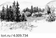Лесная поляна на фоне уральских гор. Акварельный этюд. Стоковая иллюстрация, иллюстратор Сергей Костарев / Фотобанк Лори