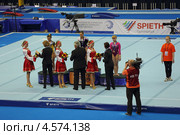 Чемпионат Европы по спортивной гимнастике 2013 года. Москва, СК "Олимпийский". Победители состязаний на бревне - Лариса Йордаке (Larisa Iordache), Диана Булимар (Diana Bulimar) и Анастасия Гришина (Anastasia Grishina) Редакционное фото, фотограф Игорь Долгов / Фотобанк Лори