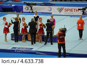 Чемпионат Европы по спортивной гимнастике 2013 года. Москва, СК "Олимпийский". Победители состязаний на бревне - Лариса Йордаке (Larisa Iordache), Диана Булимар (Diana Bulimar) и Анастасия Гришина (Anastasia Grishina) Редакционное фото, фотограф Игорь Долгов / Фотобанк Лори