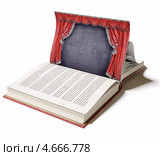 Театральная сцена с красными занавесками на книжной странице. Стоковая иллюстрация, иллюстратор Виктор Застольский / Фотобанк Лори