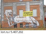 Странное граффити на  доме, который выставлен на продажу. Объявление о продаже (2013 год). Редакционное фото, фотограф Svet / Фотобанк Лори