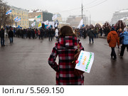 Девушка идет на митинге против ограничительных мер на интернет-торговлю с плакатом "Торговля должна быть свободной " на Болотной площади города Москвы (2014 год). Редакционное фото, фотограф Николай Винокуров / Фотобанк Лори