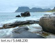 Пляж Haukland в пасмурный летний день. Норвегия, Лофотенские острова. Стоковое фото, фотограф Юрий Брыкайло / Фотобанк Лори