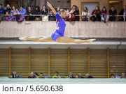 Спортивная гимнастика, девушка в прыжке на фоне зрителей (2012 год). Редакционное фото, фотограф Losevsky Pavel / Фотобанк Лори