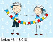 Мальчик и девочка с флажками. Стоковая иллюстрация, иллюстратор Евгения Малахова / Фотобанк Лори