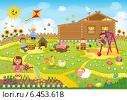 Дети играют летом во дворе. Стоковая иллюстрация, иллюстратор ivolodina / Фотобанк Лори