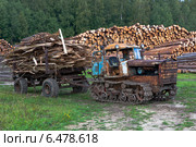 Старый трактор ДТ-75 "Казахстан" отвозит отходы лесопиления с пилорамы (2014 год). Редакционное фото, фотограф Николай Мухорин / Фотобанк Лори