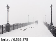 Пара идет по мосту в пасмурный зимний день. Стоковое фото, фотограф Елена Кирьян / Фотобанк Лори