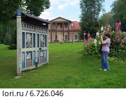 Турист фотографирует резные ворота. Историко-архитектурный комплекс "Теремок" в Талашкине (Фленово). Смоленская область (2014 год). Редакционное фото, фотограф Вячеслав Палес / Фотобанк Лори