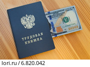 Трудовая книжка гражданина Российской Федерации с вложенной пачкой 100-долларовых купюр. Стоковое фото, фотограф Александр Тарасенков / Фотобанк Лори