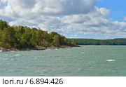Неспокойное море с волнами и скалистый берег с лесом. Стоковое фото, фотограф Валерия Попова / Фотобанк Лори