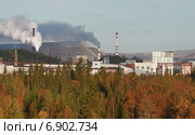 Осенний лес на фоне горно-обогатительного комбината города Ковдор, Мурманская область, Россия (2007 год). Стоковое фото, фотограф Владимир Григорьев / Фотобанк Лори