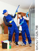Smiling cleaning team in uniform. Стоковое фото, фотограф Яков Филимонов / Фотобанк Лори