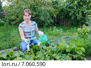 Девушка ухаживает за свеклой на даче. Стоковое фото, фотограф Марина Славина / Фотобанк Лори