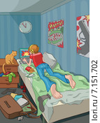 Тинейджер в своей комнате играет за ноутбуком. Стоковая иллюстрация, иллюстратор Куликова Татьяна / Фотобанк Лори
