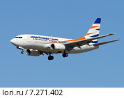 Boeing 737 (бортовой OK-SWW) авиакомпании Smart Wings на посадке в Шереметьеве (2015 год). Редакционное фото, фотограф Alexei Tavix / Фотобанк Лори