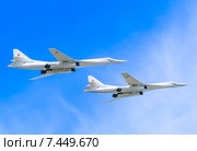 Сверхзвуковой стратегический бомбардировщика дальней авиации Ту-160 («Белый лебедь»). Парад в честь 70-летия Победы, 2015 год. Москва. Редакционное фото, фотограф Николай Коржов / Фотобанк Лори