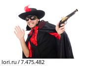 Young man in carnival coat with gun isolated on white. Стоковое фото, фотограф Elnur / Фотобанк Лори
