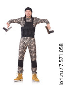 Young man in military uniform holding gun isolated on white. Стоковое фото, фотограф Elnur / Фотобанк Лори