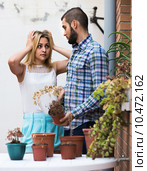 wife in shock of husband and shrunken plants. Стоковое фото, фотограф Яков Филимонов / Фотобанк Лори