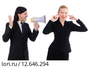 Businessman and businesswoman with megaphone isolated on white. Стоковое фото, фотограф Elnur / Фотобанк Лори