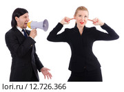 Businessman and businesswoman with megaphone isolated on white. Стоковое фото, фотограф Elnur / Фотобанк Лори