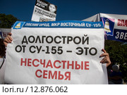 Плакаты на Всероссийском митинге обманутых дольщиков строительной компании СУ-155 на Суворовской площади города Москвы, Россия (2015 год). Редакционное фото, фотограф Николай Винокуров / Фотобанк Лори