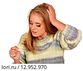 Woman with hands on sick head. High temperature. Стоковое фото, фотограф Gennadiy Poznyakov / Фотобанк Лори