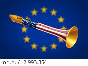 Золотая дудка с флагом США на размытом фоне флага Евросоюза. Стоковая иллюстрация, иллюстратор elena_a / Фотобанк Лори