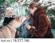 Женщина и двое детей  с хаски. Стоковое фото, фотограф Юрий Викулин / Фотобанк Лори
