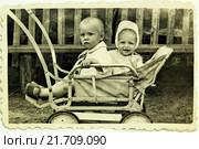Малыши в коляске. Фото 1963 года из семейного архива (2015 год). Редакционное фото, фотограф Инга Прасолова / Фотобанк Лори